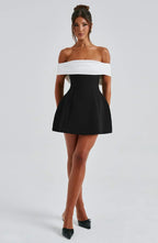 Off Shoulder Contrast Panel Structured A-Line Mini Dress