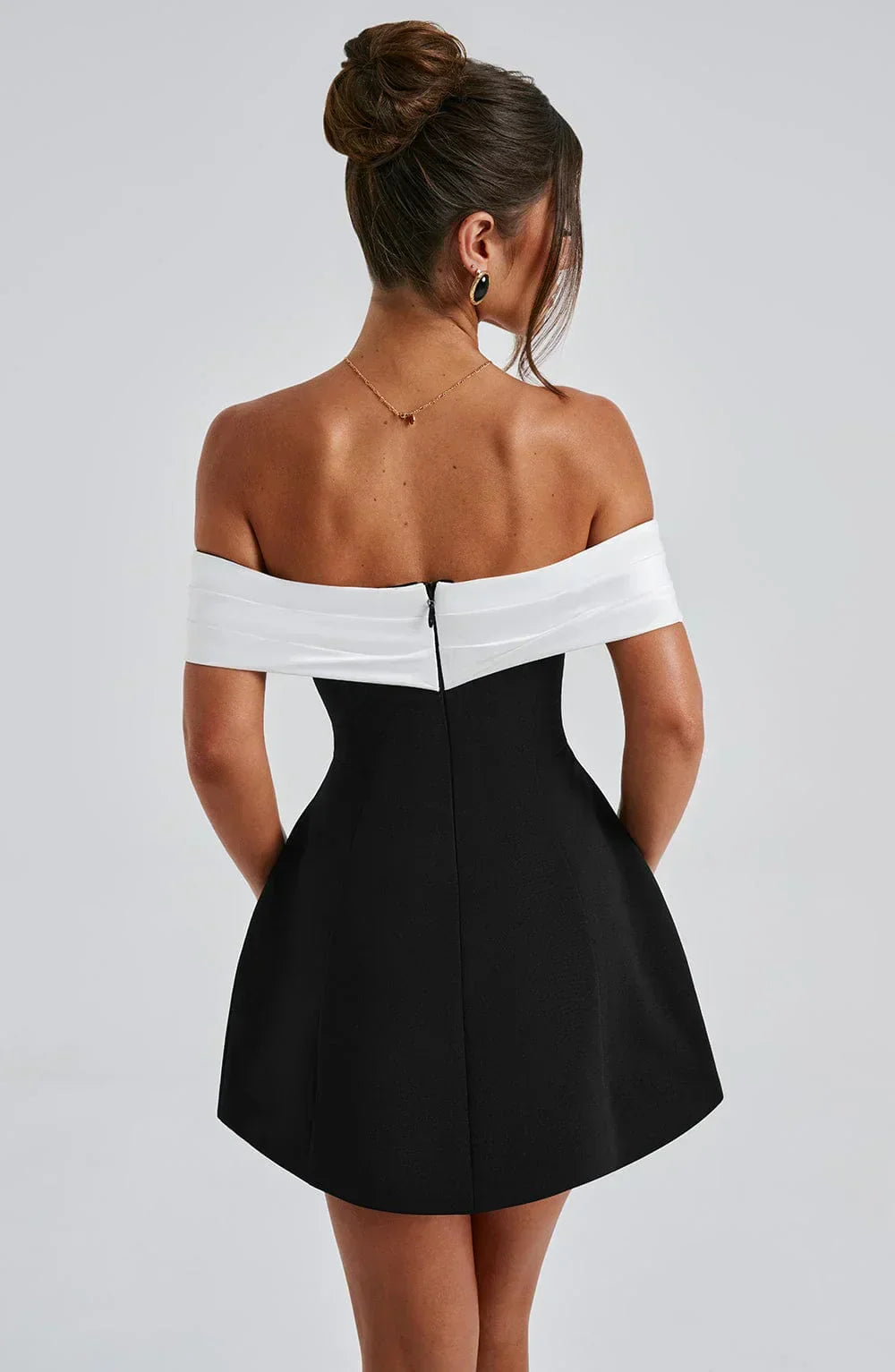 Off Shoulder Contrast Panel Structured A-Line Mini Dress