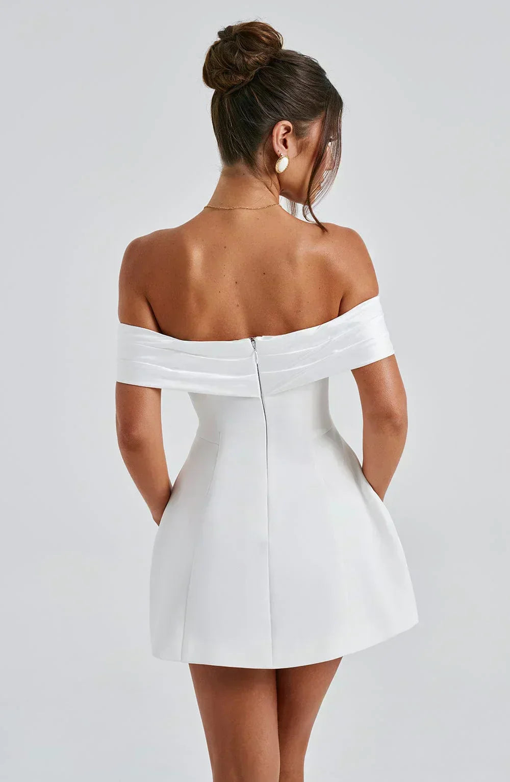 Off Shoulder Contrast Panel Structured A-Line Mini Dress