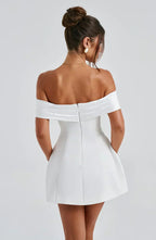 Off Shoulder Contrast Panel Structured A-Line Mini Dress