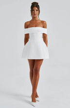 Off Shoulder Contrast Panel Structured A-Line Mini Dress