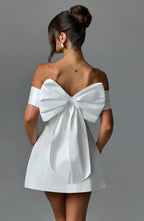 Off Shoulder Contrast Panel Structured A-Line Mini Dress