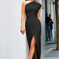 | Elegant Formal Solid Slit Asymmetrical Slant Collar Evening Dress