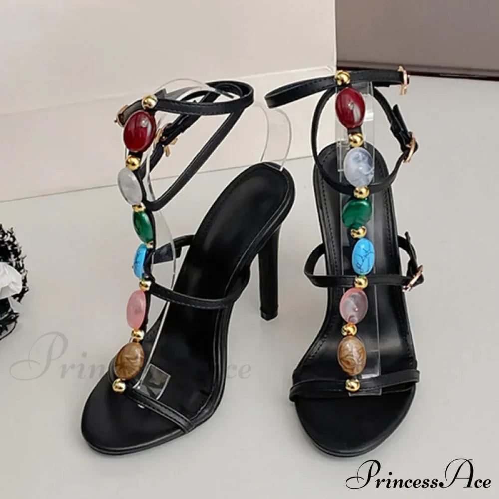 Designer High Heels Women Sexy 11.5CM Stiletto Sandals Bohemian Colour Gem Strap Open Toe Wedding Banquet Shoes
