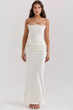 Strapless Corset Pointed Neckline Ruched Hip Satin Column Maxi Gown
