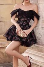 Black Off Shoulder Sweetheart Corset Floral Tulle Overlay Mini Dress