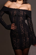 Off Shoulder Lace Trim Drawstring Neck Long Sleeve Ruched Bodycon Mini Dress