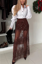 Darling Details Color-block Buttons Long Puff Lantern Sleeve Blouse