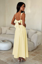 Square Neck Gathered Bust Wide Strap Pleated Pocket Midi Dress