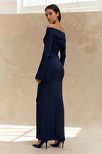Off Shoulder Wrap Ruched Long Sleeve Sheer Sleeve Maxi Dress