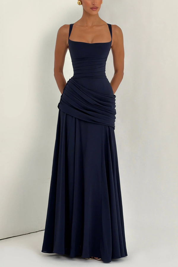 Stylish Spaghetti Strap Square Neck Slim-fit Elegant Pleated Maxi Dress