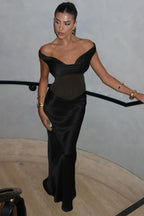 Satin Off Shoulder Cowl Corset Mesh Panel Basque Waist Maxi Dress