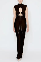 Genis Hollow Elastic Bust High Neck Sleeveless Gathered Maxi Dress