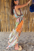 Alberta Satin Unique Color-blocked Print Tie Detail Layered Scarf Midi Dress