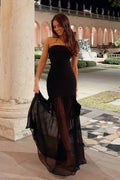 Strapless Sheer Mesh Overlay Bodycon Illusion Maxi Dress