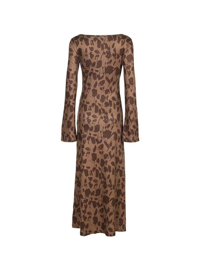 Crew Neck Bell Sleeve Botanical Print Slim Maxi Dress