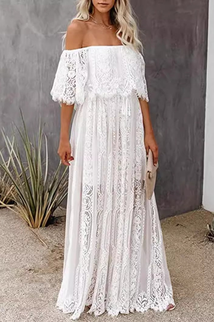 Lace Off Shoulder Flutter Sleeve Ruffled Panel Maxi Dress