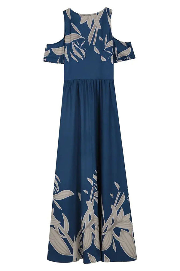 Botanical Print Cold Shoulder V-Neck Pocket Tiered Maxi Dress