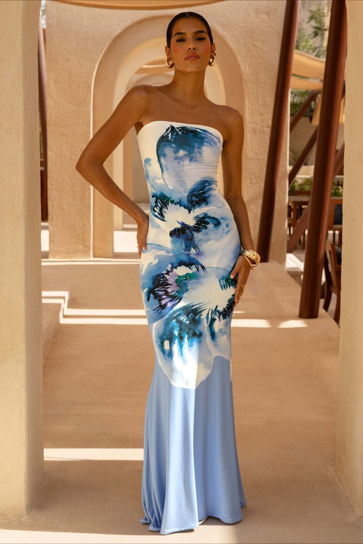 Strapless Painterly Floral Print Bodycon Mermaid Maxi Dress