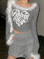 Letter Print Fuzzy Design Long Sleeve Knit