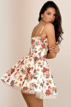 Red Sweetheart Neck Lace Trim Bustier Tulle Underskirt Floral Print Mini Dress