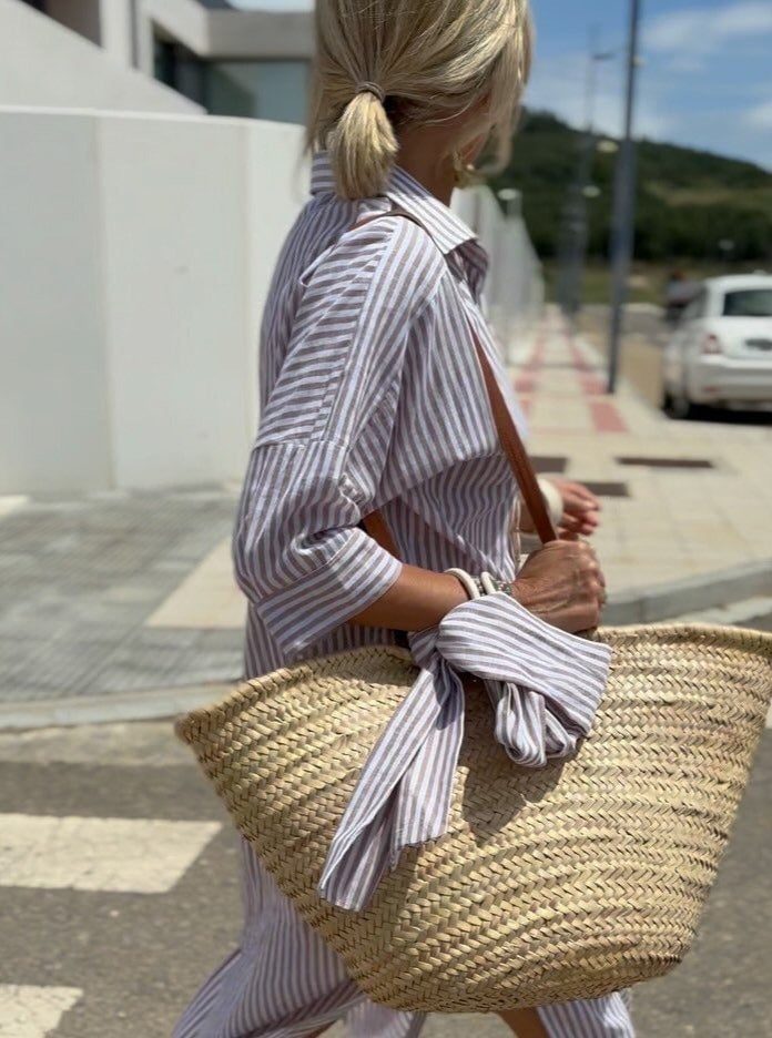 Vertical Stripe Long Sleeve Button Down Side Slit Midi Shirt Dress