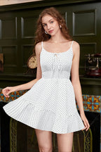 Polka Dot Spaghetti Strap Tie Front Keyhole Smocked Waist Ruffle Hem Mini Dress