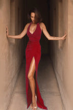 Halter Neck Wrap Ruched High Slit Maxi Dress