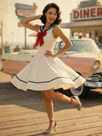 Sailor Collar Bow Knot Sleeveless Retro Swing A-Line Dress For Women 2026