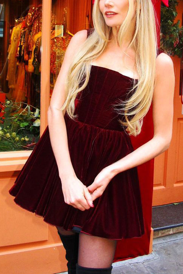 Velvet Square Neck Corset Bodice Pleated Fit and Flare Mini Dress