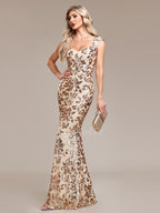 Glamour Robe de Soirée Moulante Longue Gold Dorée Brillante Epaule Couverte