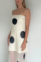 Polka Dot Strapless Sheer Overlay Bodycon Maxi Dress