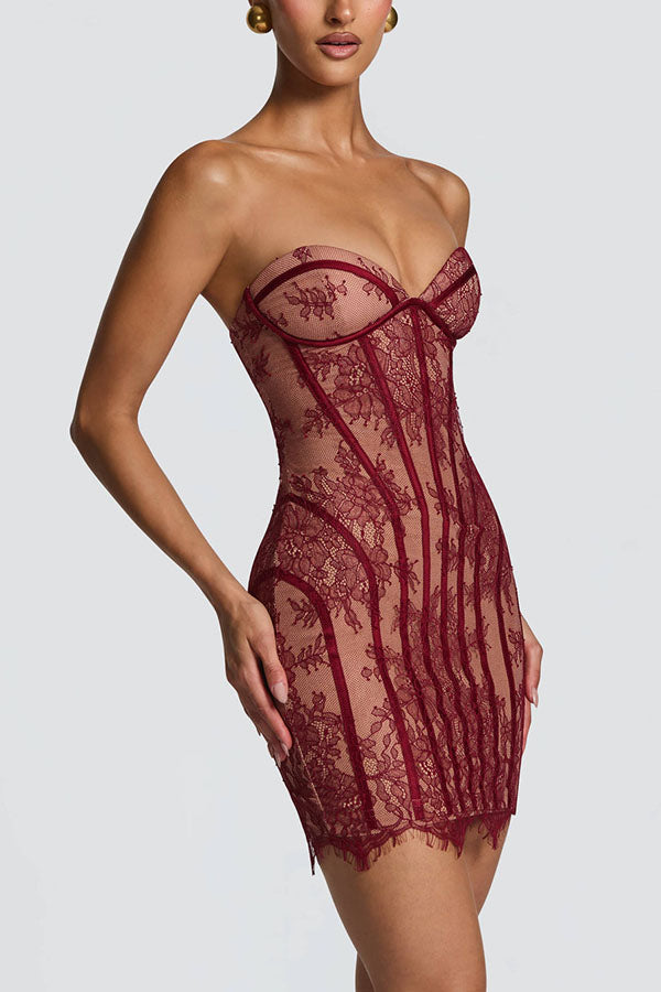 Jaya Floral Lace Contrast Structural Detail Back Lace-up Strapless Slit Maxi Dress