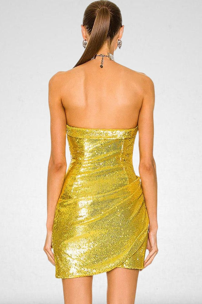 Sequin Strapless Sweetheart Ruched Wrap Bodycon Mini Dress