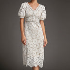 Lace Overlay Plunging V-Neck Rhinestone Trim Puff Sleeve Midi Dress