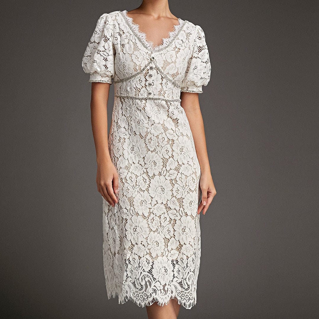 Lace Overlay Plunging V-Neck Rhinestone Trim Puff Sleeve Midi Dress