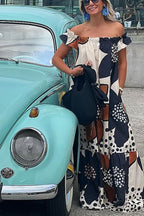 Off Shoulder Floral Polka Dot Print Tiered Pocket Maxi Dress