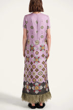 Lucia Satin Baroque Court Style Printed Short Sleeve Pocket Feather Trim Maxi Dress