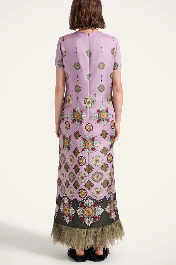 Lucia Satin Baroque Court Style Printed Short Sleeve Pocket Feather Trim Maxi Dress