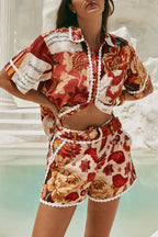 Unique Printed Collared Short-sleeved Loose-fitting Shirt and Casual Floral Trim Shorts Set