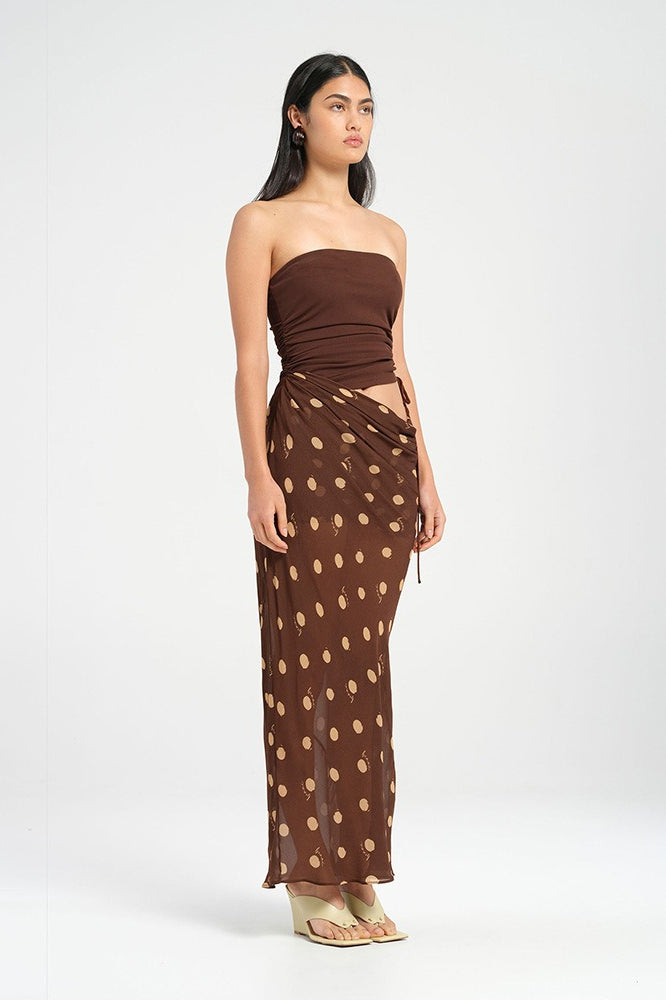 Polka Dot Strapless Ruched Drawstring Top Asymmetric Waist Maxi Skirt Two Piece Set