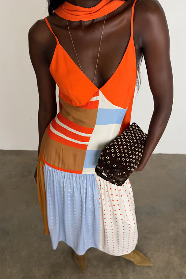 Vibrant Touch Color-blocked Polka Dot Print Slip Pleated Hem Maxi Dress