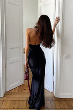 Satin Halter Mock Neck Ruched Waist Mermaid Maxi Gown
