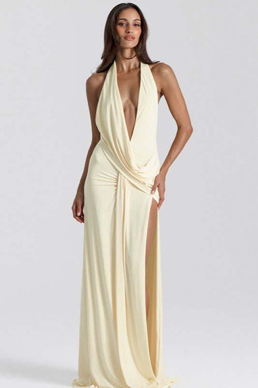 Halter Neck Deep V Wrap Ruched High Slit Maxi Dress