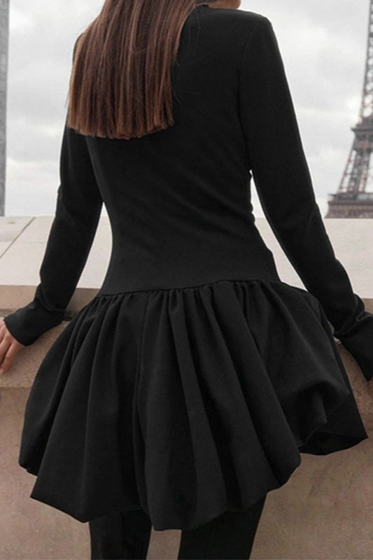 Long Sleeve High Neck Bubble Hem Fit and Flare Mini Dress