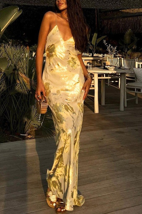 Marble Print Satin Slip Spaghetti Strap Deep V-Neck Maxi Dress