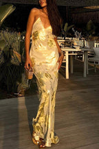 Marble Print Satin Slip Spaghetti Strap Deep V-Neck Maxi Dress