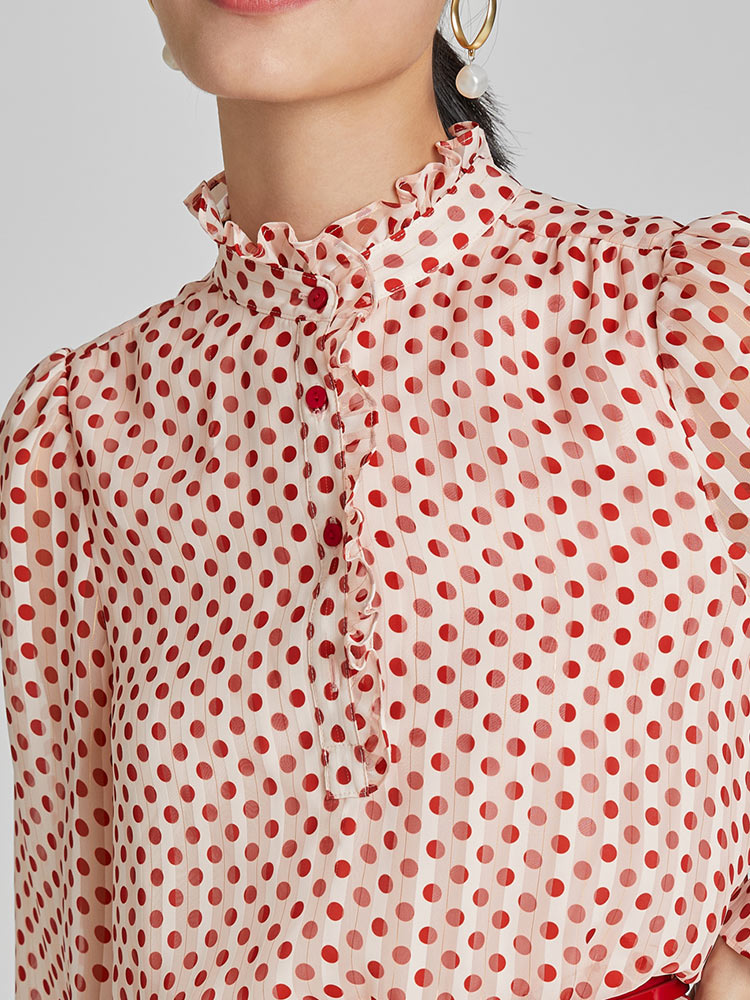 Polka Dot Mock Neck Button Front Ruffle Cuff Fit and Flare Midi Dress