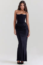 Black satin strapless gown