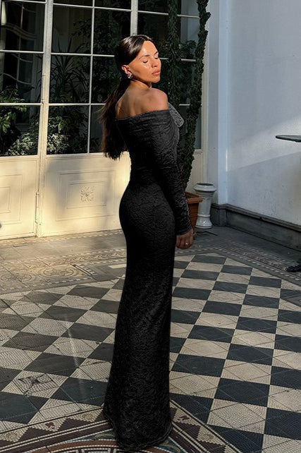 Lace Off Shoulder Long Sleeve Fold Over Panel Column Maxi Gown